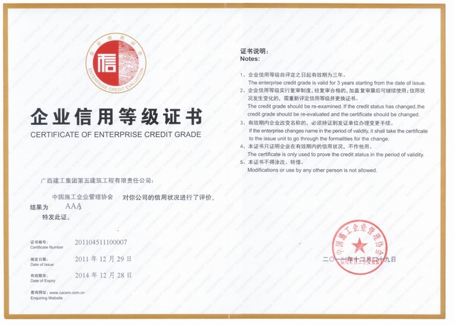 全國建筑業AAA級信用企業（2011年）